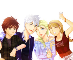 kuro-d:  Double Date AU: Going to cinema.Astrid: “Weekend! Finally! Zombies movie, Hiccup! Aren’t you excited?”Jack: “You know Elsa, if you’re afraid, just come to me. I’ll hold you the entire evening~”Elsa: “I think I prefer to hug Astrid.