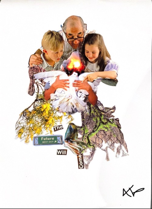 a collage featuring an older gentlemen and two children. one points to a dove held by disembodied hands. the dove has a halo of an explosion. under the dove grow upside down trees- one wattle, one gum tree furry with bright green regrowth. there is a cuttlefish next to the words "the future will come"