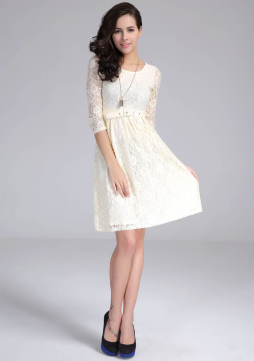 2014 new arrival knee length dress. Long sleeves. Scoop neck. Fabric: lace. Color: Red, Beige, Black