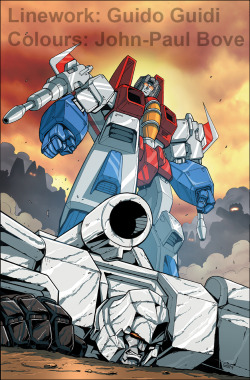 wordmongerer:  One of the subscriber covers across the TF books this month. Needless to say it’s a wee bit of a G1 cartoon homage… Megs is heavily based on his Movie levels of damage. Lineart by Art Stallion Guido Guidi and colours by yours truly.