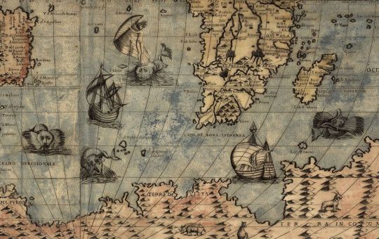 historieofbeafts:The award for Best Symbolic Sea Monster Riding on a 16th Century Map still goes to Fernado Bertelli’s 1565  Universale descrittione di tutta la terra conosciuta fin qui, which features Bold Fortune windsurfing on the back of a truly