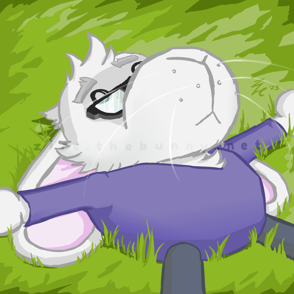 Zirc's rabbit fursona laying in the grass. Digital art.