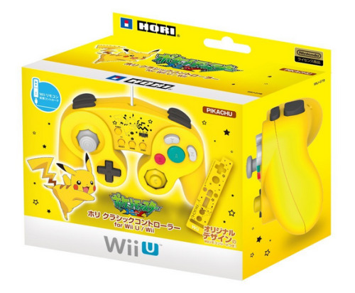 pokemon-global-academy:  Hori previously announced red and green Super Mario Bros. controllers that are made with Smash Bros. Wii U in mind. A yellow, Pikachu-themed controller is also in the works. The Pikachu controller plugs into a Wiimote like the