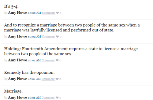 gaywrites:MARRIAGE EQUALITY IS LEGALIZED NATIONWIDE. 5-4. WE DID IT. WE DID IT.