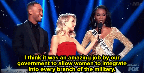micdotcom:  Twitter went wild for her answers — and the judges agreed.   I don’t agree, women don’t belong in the military, all they do is get pregnant like whores before every deployment so they don’t have to go, and when they do the slow everyone