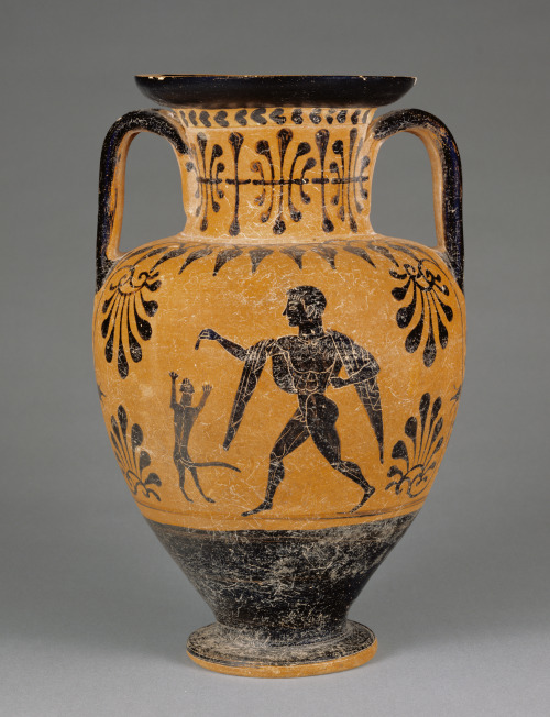 Neck amphora decorated with youth playing with cat and, on the reverse, a winged horse. c. 490 BC; t