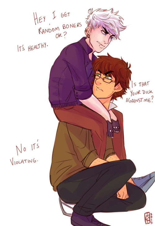 kit-replica:  Some PN!au doodles that I quickly slapped some colours onto. Midgety punk Jack likes to bully his beanstalk of a nerd. Also, Hiccup is a virgin so he has no concept of what sex is like (he might even be asexual??? but he likes kissing and