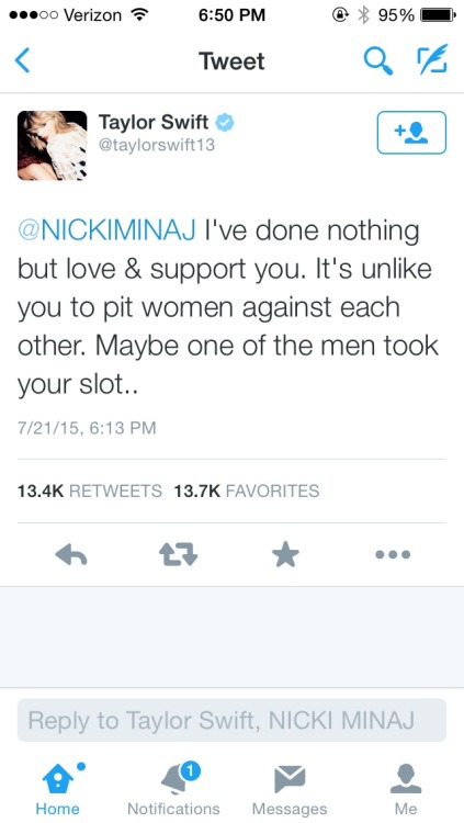 strippercops: blacksnobbery: But this is the “beef” between Nicki and Taylor that people