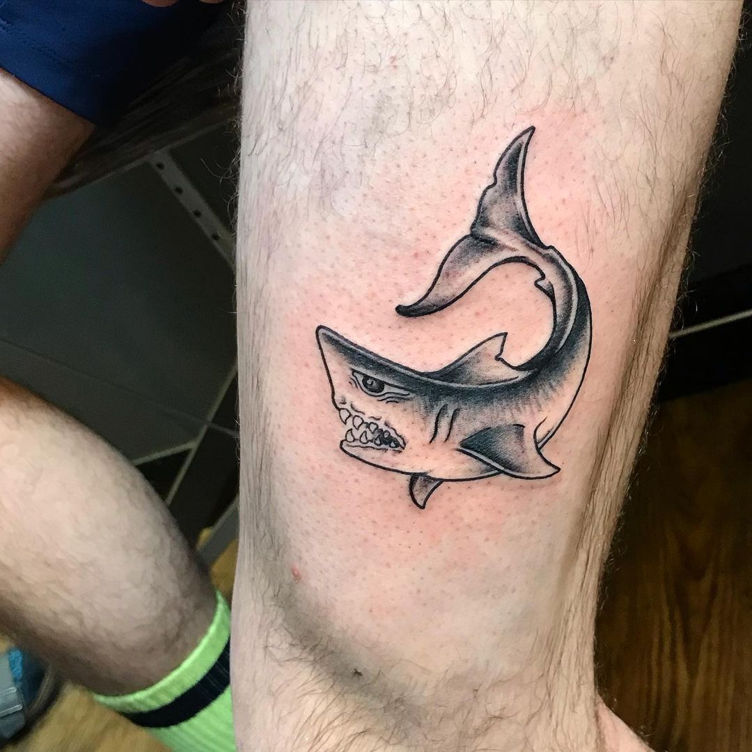 Colorful Traditional Shark Tattoo On Bicep