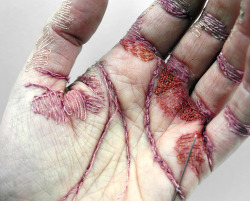 boyirl:  Eliza Bennett -A woman’s work is never done, 2011Using my own hand as a base material, I considered it a canvas upon which I stitched into the top layer of skin using thread to create the appearance of an incredibly work worn hand. By