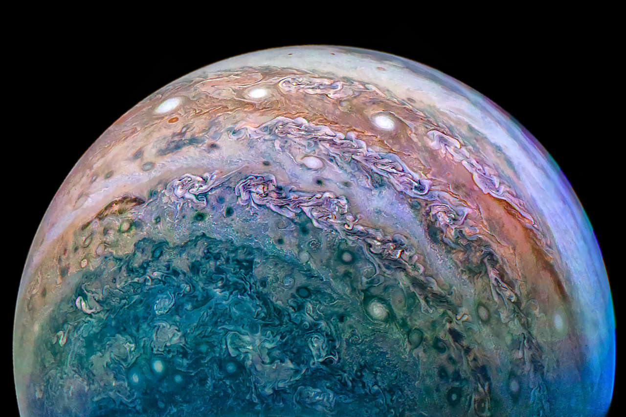 humanoidhistory:Planet Jupiter, observed by NASA’s Juno probe on December 16, 2017.