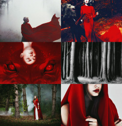 enginesinrepair:  Bloody Fairy Tales ;  Little Red Riding Hood   In the deep dark forest you will find a young, beautiful girl dressed in a cape the colour of fresh blood and the crimson moon. She lures travellers in, all scarlett smiles and longing