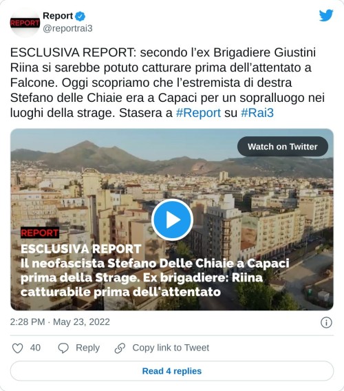 ESCLUSIVA REPORT: secondo l’ex Brigadiere Giustini Riina si sarebbe potuto catturare prima dell’attentato a Falcone. Oggi scopriamo che l’estremista di destra Stefano delle Chiaie era a Capaci per un sopralluogo nei luoghi della strage. Stasera a #Report su #Rai3 pic.twitter.com/GHLcXFiwR7  — Report (@reportrai3) May 23, 2022