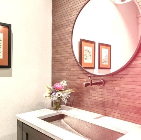 Portland Bathroom Powder RoomPowder Room - Mid-sized Transitional Brown Tile And Porcelain Tile Light