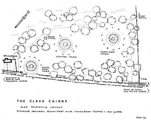 217lemurs:A layout sketch of the Clava Cairns from 1970. Part of “The Clava Cairns” pamphlet by E. A