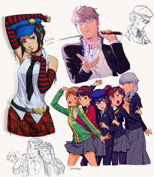 page of digital drawings of various persona characters.