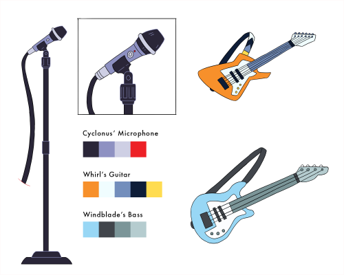 Whipped up some instruments for the Reversal gang! No drums for Gil yet because drum kits scary