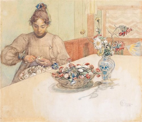 Karin peeling apples  -    Carl Larsson 1904 Swedish, 1859-1919Watercolour ,gouache, chalk and penci