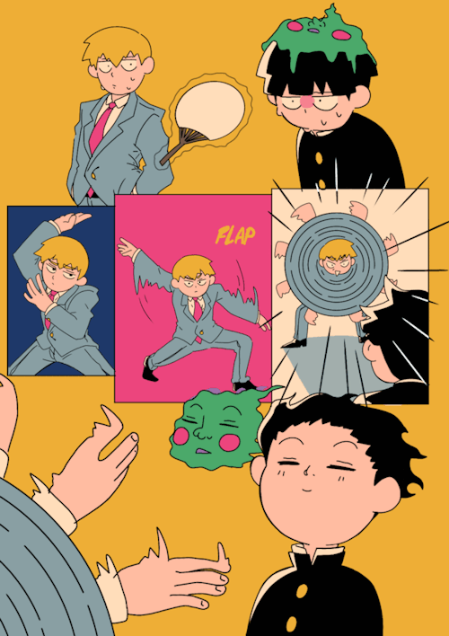 [ID: An Animated Mob Psycho 100 Comic. Reigen Notices Mob And Dimple Using A Psychically Waving Fan To