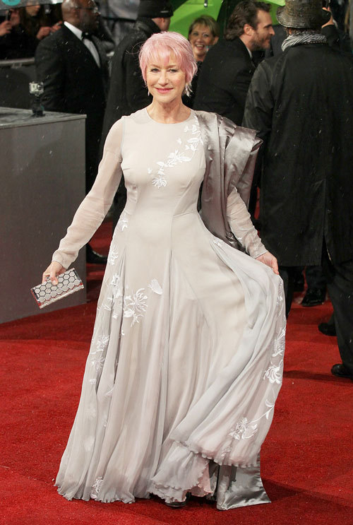 nothing-rhymes-with-ianto:  rcmclachlan:  fairestcat:  Helen Mirren at the 2013 Bafta Awards in a Nicholas Oakwell couture gown Look at that stunning woman and her fucking badass cotton-candy pink hair! That last picture in particular is stunning.  She’s