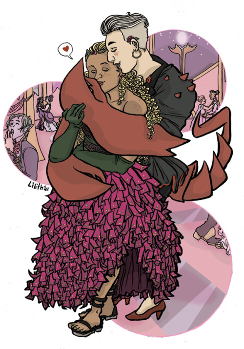 Perfuma and Scorpia at the end of a fancy evening in Bright Moon, wearing Alexander McQueen-inspired