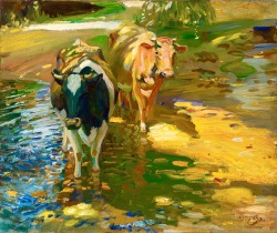 art-nimals: Sir Alfred James Munnings, (1878 - 1959), Impressions of Cows in a Stream, 1912, oil on canvas, Private Collection