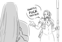 shadowdragonia:  yinza: Let Aeris say fuck. I think this is the stupidest-looking Sephiroth I’ve ever drawn and I’m glad.  Okay. Cid and Yuffie though XD