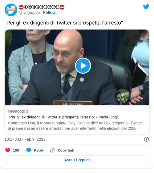 "Per gli ex dirigenti di Twitter si prospetta l'arresto"https://t.co/0k0JRyqxDH  — ⛔️ⓁⓋⓄⒼⓇⓊⓅⓅⓄ⛔️ (@lvogruppo) February 9, 2023