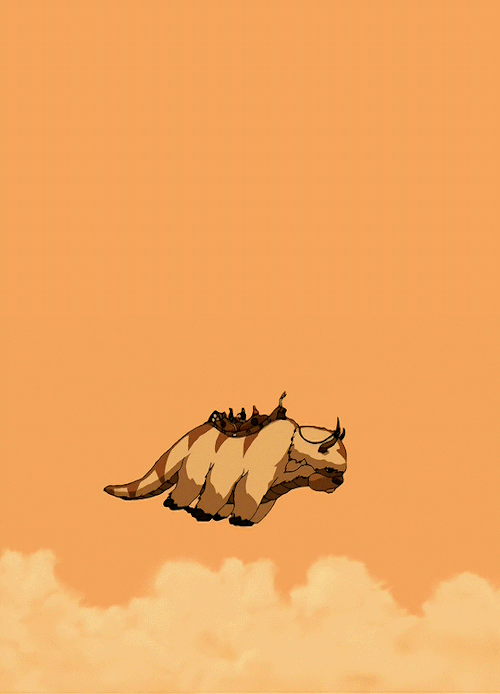 bymoonandfire:[ID: A looped gif of Appa, Momo, and the Gaang. Most of the gif is the sky, with Appa 