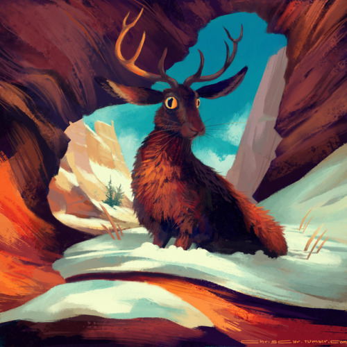 chriscyr: Drawcember Cryptid 09 - Jackalope Bounding freely through the snow-tipped canyon cliff fac