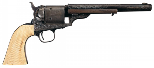 Custom engraved Colt Model 1871-72 revolver with checkered ivory grips.