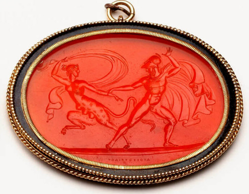 Cornelian gem engraved with a scene from the myth of Peleus and Thetis, depicting Thetis transformin