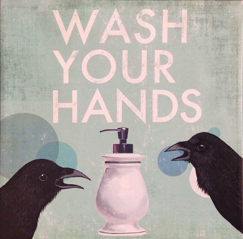 Wash your hands, crows; acrylic painting on found art on canvas