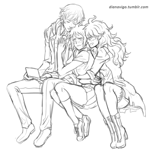 dianavigo:DR & SDR2 OT3 genderbent I drew during tonight’s livestream! thank you to those who came by and had a nice chat with me and @komadead! I appreciate it a lot! I’ll color these tomorrow probably and stream the process!