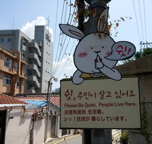 eurowon:El conejito pide silencio. 토끼가 조용하라고 한다. #Corea #Seúl #Seodaemun #conejo #cartel #cor