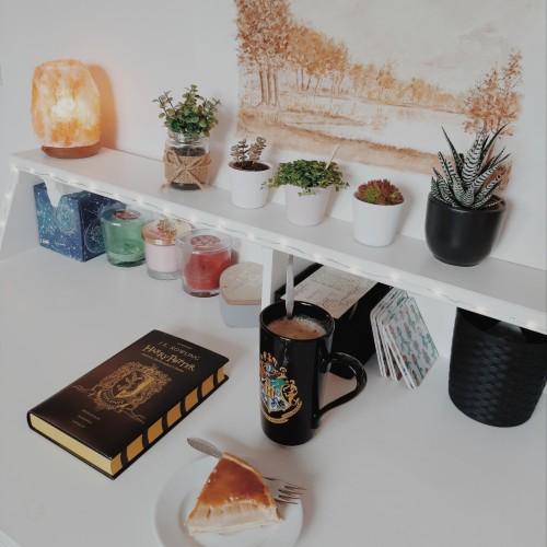 autumndesk: 17.07.2020 // 19:39pm a good book, cake and coffee in a harry potter mug ⚡