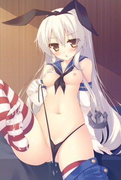 ecchineta:breasts cameltoe cum kantai collection loli miko 92 nipples no bra panty pull pussy juice shimakaze (kancolle) shirt lift thighhighs thong | #313339 | yande.re