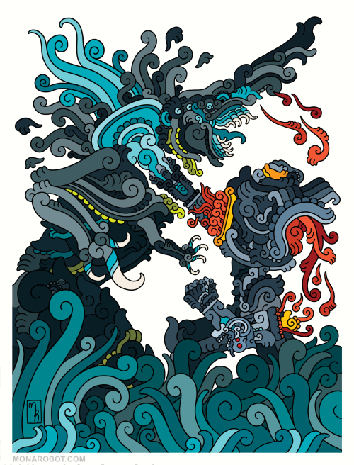 “Defeat”, a digital drawing by Monarobot (aka Mona Robles Corzo) the image shows a codex-like interpretation of a battle scene from “Pacific Rim”, a film by director Guillermo del Toro. In the drawing Knifehead, a kaiju monster is interlocked in battle with Gipsy Danger, a Jaeger Mech, in the middle of an angry, dark ocean— Knifehead has several eyes, shark like jaws, two sets of arms, one large, one small, and a protruding nose, hence its name. Knifehead has cut Gipsy’s left arm off, which is falling, leaving behind a mass of blood-like and tendon-like cables, fluid and flames, in retaliation Gipsy is firing her right hand’s energy cannon straight against Knifehead’s neck- the explosion is so strong it’s blasting straight through, practically decapitating the monster, the blast is exiting through the back of the creature’s neck, along chunks of its meat. Knifehead was designed by artist Wayne Barlowe.