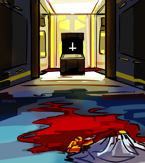 messy digital drawing of a terminal at the end of a bonus level with an upside down cross on it, the floor transitions into the floor of Heaven with a Councilor lying beheaded on the ground.