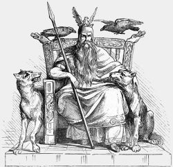 sisterofthewolves:Picture by Ludwig PietschThe Norse god Odin enthroned, flanked by his two wolves, Geri and Freki, and his two ravens, Huginn and Muninn, and holding his spear Gungnir.