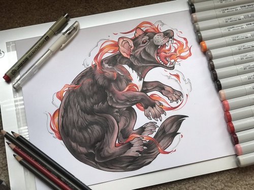 finished neo-traditional tasmanian devil spitting fire for a client. goes without saying, but this i