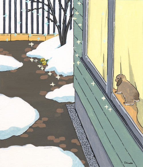 schinako:Day 23. Muddy（ぬかるみの）A garden with muddy snow. Bunny playing curtains in a heated room