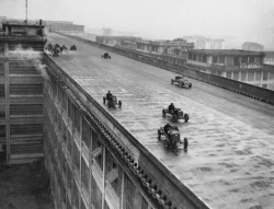 ryanpanos:  Rooftop Racetrack: 1928 via Retronaut “The Lingotto building, Turin, Italy, once housed a  Fiat factory. Built between 1916 and 1923, the design had five floors, raw materials going in at the ground floor, and cars built on a line that