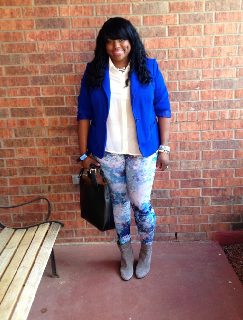 bigbeautifulblackgirls: Outfit Details: Blazer: Eloquii Floral Leggings: H&amp;M Sheer Top, Coll