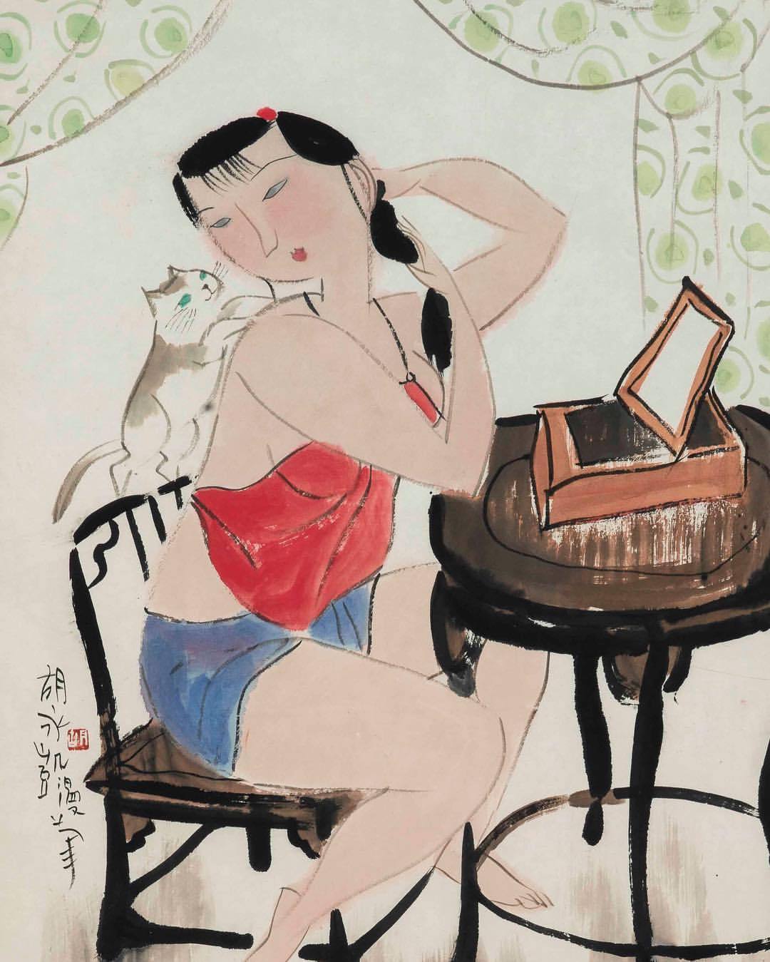 While aspects of Hu Yongkai’s depictions of women include traditional elements, such as the furniture in this painting, the posture of his subjects, along with their clothing and demeanour, are modern and fresh.
The colour and simplicity of this...