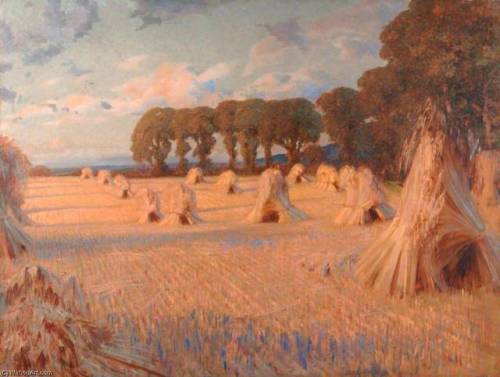 myfairynuffstuff:William Herbert Allen (1863 - 1943) - Corn Stooks, Farnham. Oil on canvas.