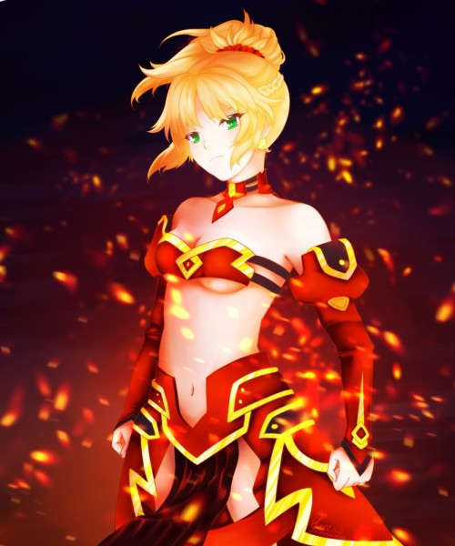 フェイト・シリーズ、fate/apocrypha、赤セイバー、高解像度、yurine-sama、一人、下パイ、乳、女性、火、金髪 | Sankaku Channel