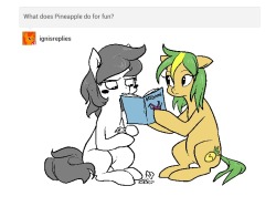 ask-hiimine:  askcminus:  She hangs out with the neighbor, it’s less stressful. Feat. Ask-Hiimine!     +Imagination! How this is happening, don’t ask. High Flying pon - Pineapple Pony  X3