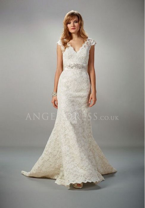 Straps A line Lace Natural Waist With Beading Floor Length Court Train Wedding Dress A3251403