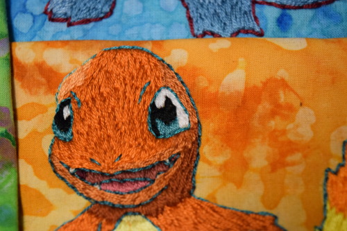 starling-stitchery:I finished all three starters!001, Grass/Poison-Type Bulbasaur004, Fire-Type Char